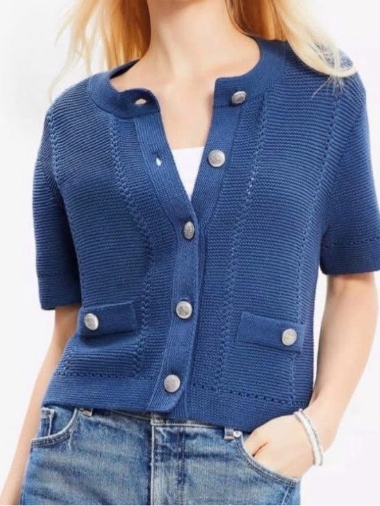 LOFT Sweaters - LOFT Short-Sleeve Knit Cardigan in Blue